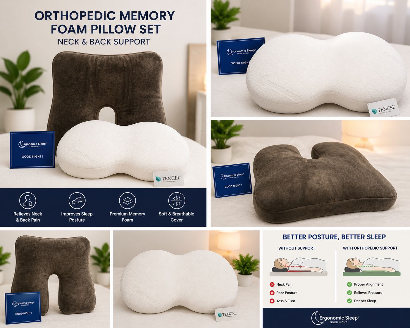 Orthopedic Memory Foam Pillow Set (Neck & Back Support)